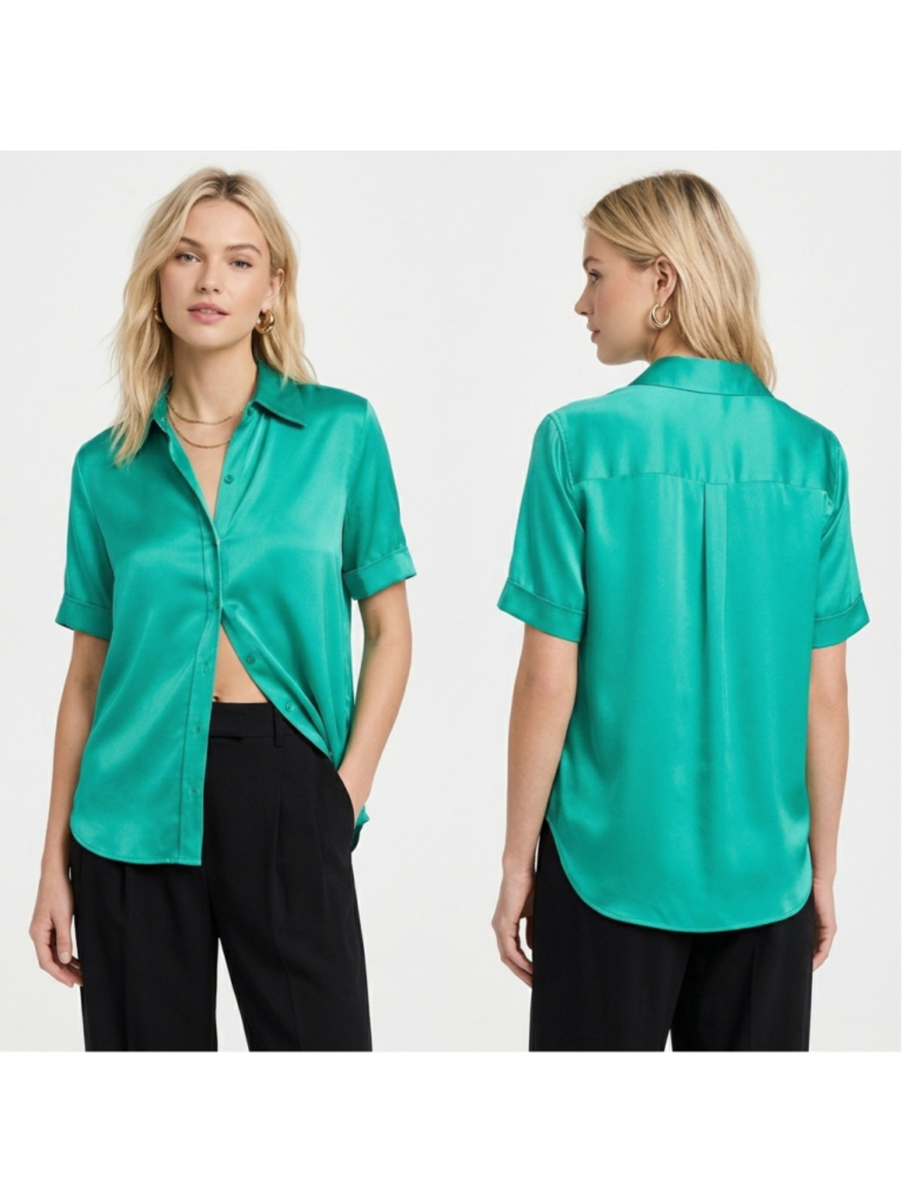 L'AGENCE Ellah 100% Silk Short Sleeve Button Up Shirt Blouse Emerald Green Sz L